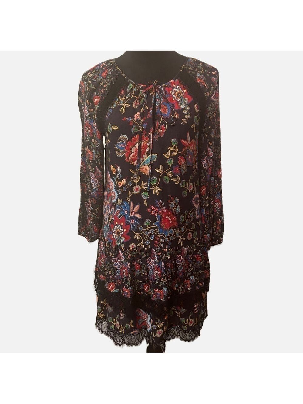 Alice + Olivia Women’s Midi Dress Floral Lace Boho Peasant SP Black Keyhole